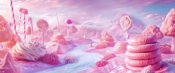Gordijnen A whimsical Candy Land background with soft pastel tones, creating a sweet and enchanting atmosphere. 🍭🌈✨ © Elzerl