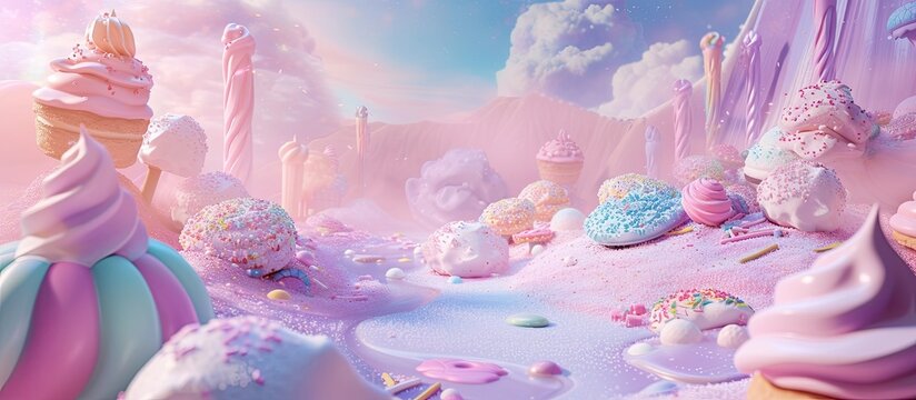 A 3D Candy Land background with pastel hues, depicting a whimsical landscape of sugary treats. 🍭🌈✨ Immerse in a magical world of enchantment!