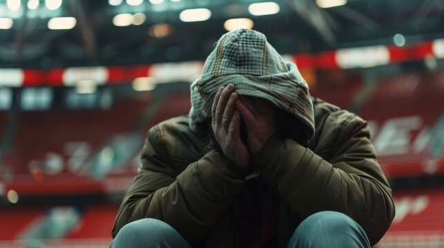 A lone fan sat with their head in their hands devastated as they watched their team lose in a heartbreaking defeat.