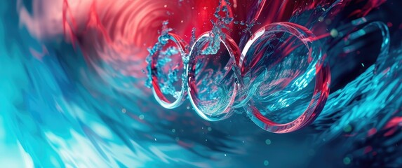 Abstract wallpaper featuring three bracelets, illuminated with red and blue light effects, submerged in water. 💧🔴🔵 - obrazy, fototapety, plakaty