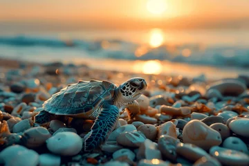 Foto op Plexiglas Little turtle on a beach in morning . Ai generative. © Phichitpon