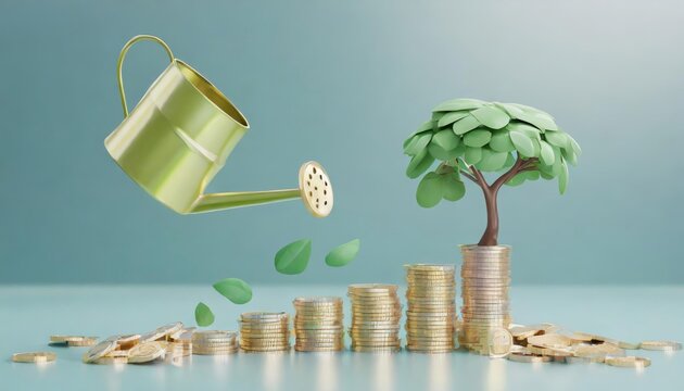 3D icon elements watering can showing financial stacks coins growing