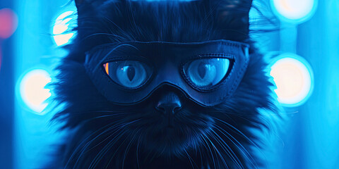 Behold the enigmatic allure of a black-masked Angora cat donning a mask, set against a captivating blue light backdrop. 🐱💫 - obrazy, fototapety, plakaty