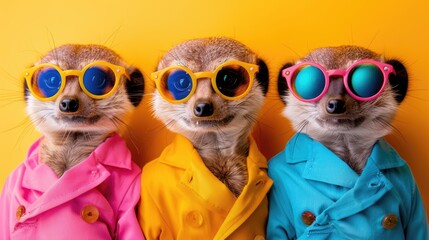 Fashionable Meerkat Group for Birthday Party Invitation: Creative Animal Concept in Bright Outfits with Copy Space on Isolated Background