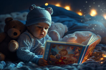 Bedtime Story: a baby reading a bedtime story in the bed cozy pajamas and stuffed animals nearby. - obrazy, fototapety, plakaty