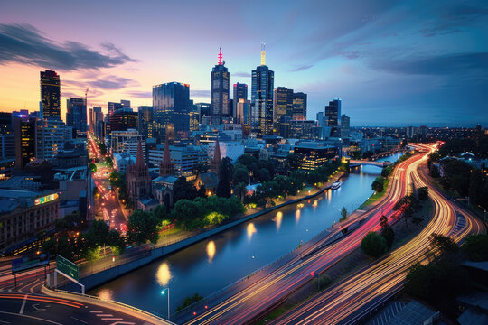 Cityscape at Dusk: a cityscape image at dusk, showcasing city lights and urban life.