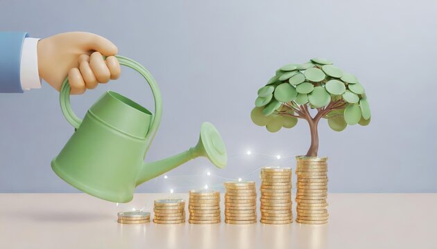 3D icon elements watering can showing financial stacks coins growing