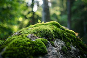 a moss covered rock with small plants growing out of it. generative ai