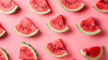 Sliced watermelon pieces arranged on a pink background. Summer fruit and refreshment concept with flat lay composition