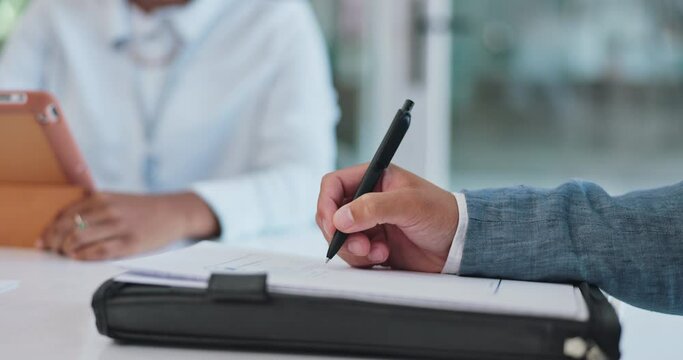 Business people, hands and closeup at meeting with writing with documentation, deal or negotiation for notes. Group, team or b2b collaboration for creative agency in legal consultation with paperwork