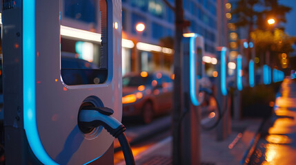Electric car charging station, downtown sustainable city, twilight, soft LED lighting, close-up, energy-efficient design