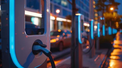 Tuinposter Electric car charging station, downtown sustainable city, twilight, soft LED lighting, close-up, energy-efficient design © Artinun