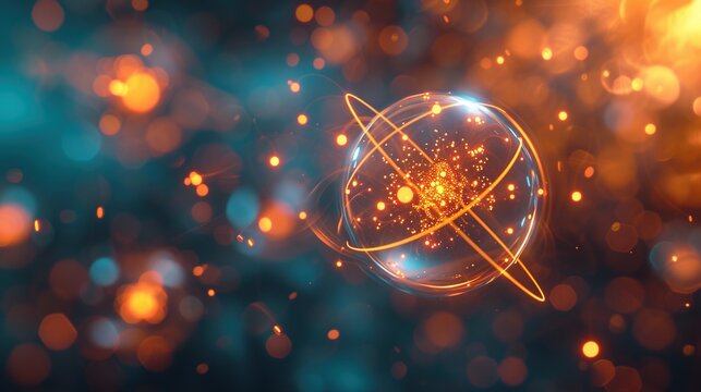 Concept of a close-up image of an atom model for nuclear energy. Sci-fi color background. Generative AI