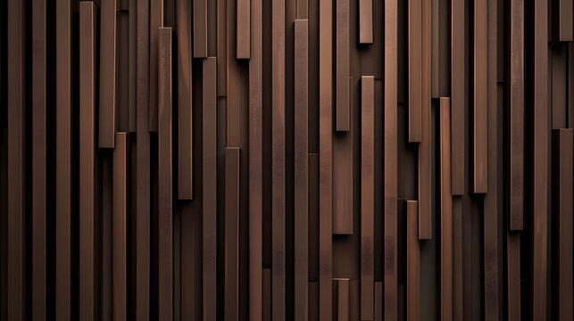 Abstract wooden slats pattern with varying depths on a dark background. Textured modern architecture and design concept.