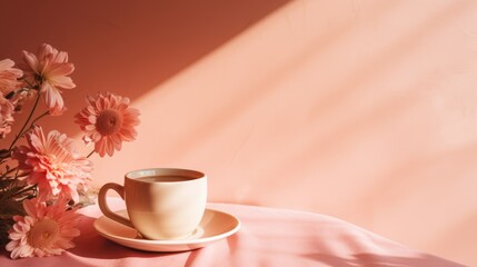 morning cup of coffee and flowers in peach tones, against the background of a wall with shadows and sunlight
