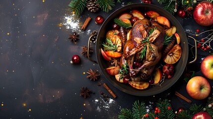 Roasted chicken with vegetables and herbs on a black plate, Christmas holiday dinner concept. Flat lay composition with copy space for design and print.