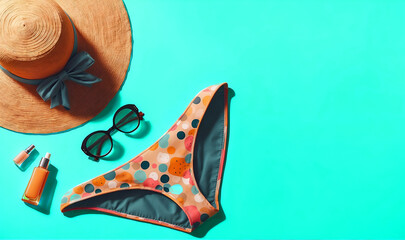 Un grand chapeau en osier, une paire de lunettes de soleil, de la crème solaire et un bikini posés sur un fond bleu turquoise, évoquant la plage et les vacances d'été - obrazy, fototapety, plakaty