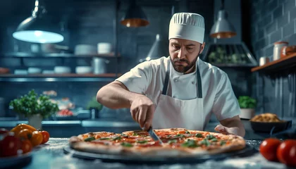 Deurstickers chef preparing pizza in kitchen © santima
