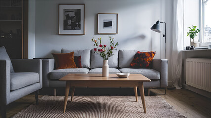 Squier wood coffee table against white sofa. Scandinavian home interior design of modern living room.