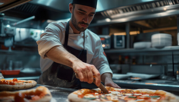 chef preparing pizza in kitchen