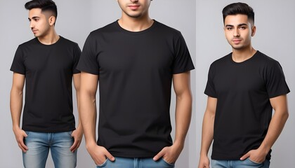 close up Hispanic young man wearing a black casual t-shirt. Side view, behind and front view of a mock up template for a t-shirt design print - Powered by Adobe