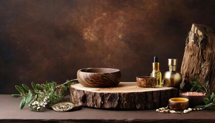 Rustic wood podium display for food, perfume, jewellery and cosmetic products on dark - obrazy, fototapety, plakaty