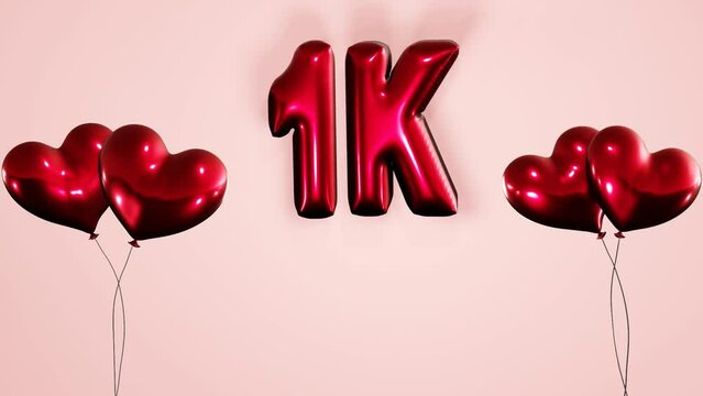1k, 1000 subscribers, followers , likes celebration background with inflated air balloon texts and animated heart shaped helium balloons 4k loop animation.	