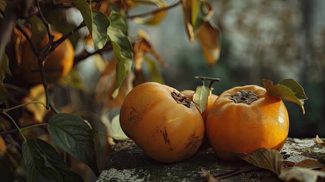 Close up, Sun set view of ripe persimmons