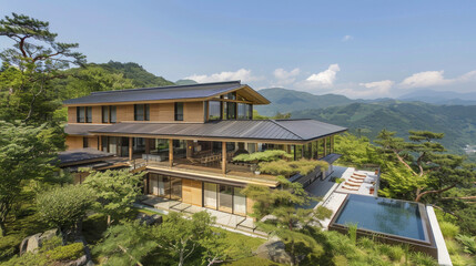 Fototapeta na wymiar Japanese House Amidst Stunning Landscape