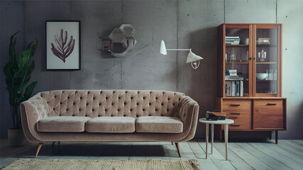 Tufted beige velvet sofa and wooden cabinet against concrete wall. Scandinavian home interior design of modern living room.