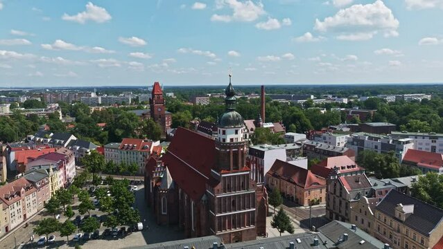 Aerial drone view of Evangelical Upper Church of St. Nikolai in Cottbus , Germany