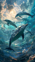 Obraz premium A vibrant underwater scene of joyful dolphins leaping, with the sun's rays filtering through the water's surface.