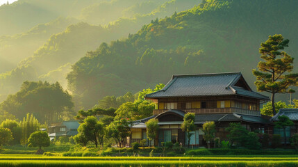 Fototapeta na wymiar Japanese House Amidst Stunning Landscape