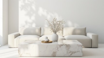 modern living room interior in light white pastel colors with marble coffee table