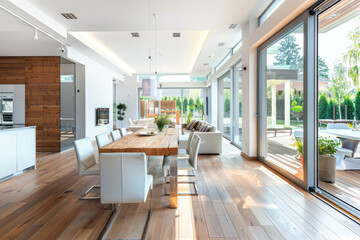 Modern open plan home interior with kitchen, dining room and living area featuring glass sliding...