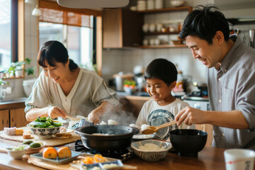 A Japanese family preparing and enjoying a traditional Japanese breakfast