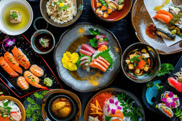 Fototapeta na wymiar Variety of traditional Japanese dishes beautifully arranged