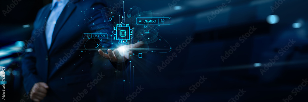 Poster Ai technology, Artificial Intelligence. Businessman hold technology smart robot AI, connect Chatbot for provide access to data in online network, Futuristic technology transformation.