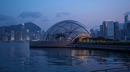 A futuristic dome structure positioned on the harbors edge offering panoramic views of the city and the water.