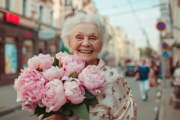 Fototapeta premium Elderly woman smiling with a bouquet of pink peonies