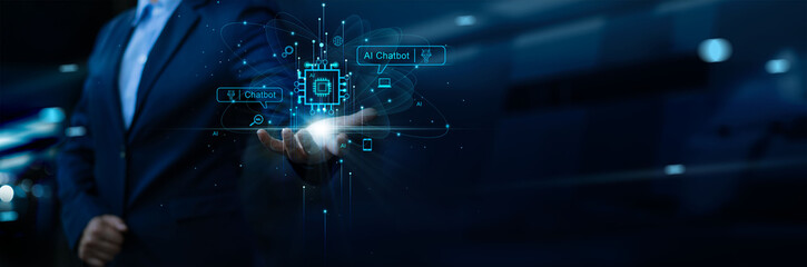 Ai technology, Artificial Intelligence. Businessman hold technology smart robot AI, connect Chatbot...