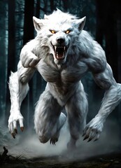 A wolf with glowing eyes running in a dark forest