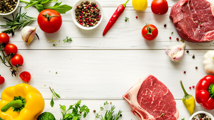 Fresh Vegetables and Raw Meat on White Wooden Background Top View