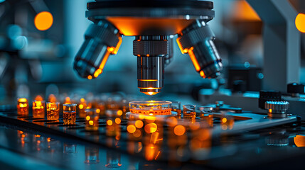 closeup shot of a futuristic microscope in a sterile futuristic lab room analyzing samples on a petri dish