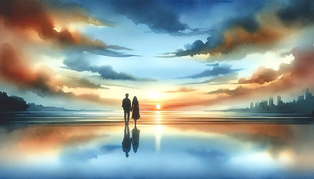 Watercolor Painting Silhouette of Couple
