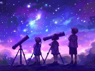 Children Observing Stars Through Telescopes