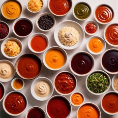 Various assorted sauces and condiments in bowls, cooking ingredients and spices