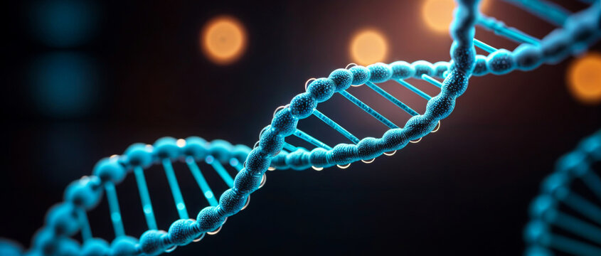 a close-up view of a DNA strand illuminated, symbolizing its intricate structure and the beauty of the molecular basis of life