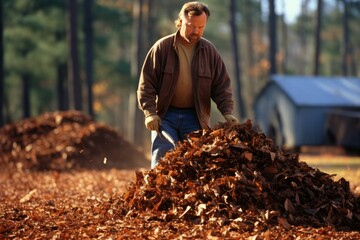 Man Shoveling Through Pile of Leaves