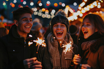 photo of young friends having fun with sparklers at a Christmas market, happy people celebrating the winter holiday in a city square - obrazy, fototapety, plakaty